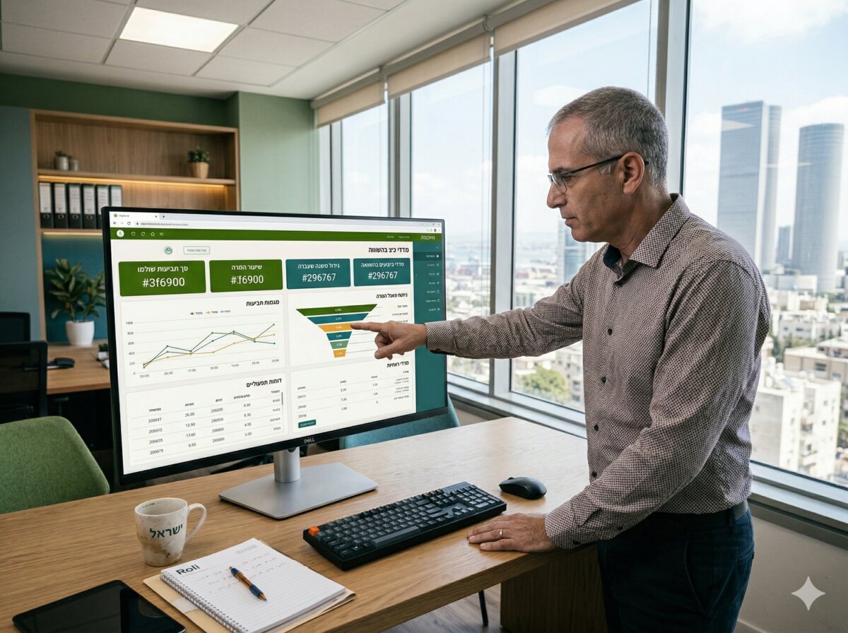 גבר מצביע על לוח בקרה אנליטיקה מתקדם