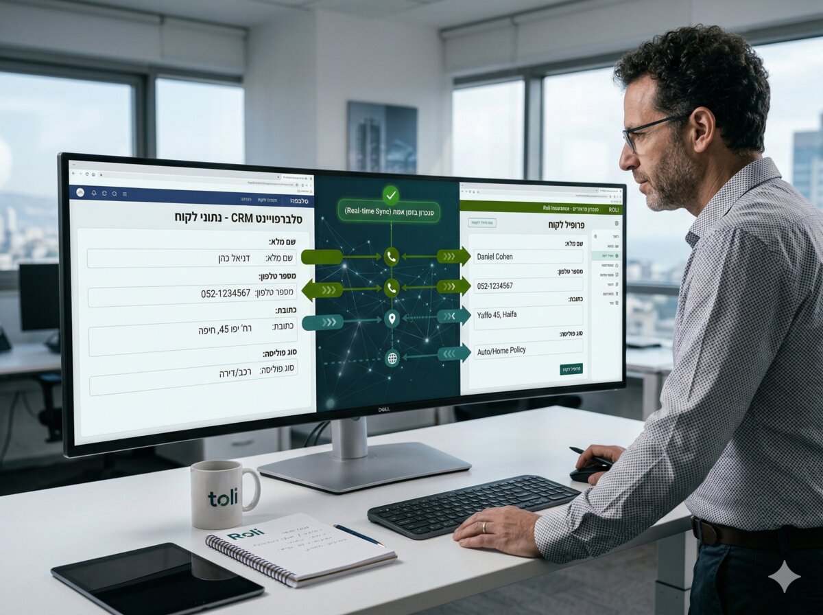 גבר על מסך עריכה רחב עם סנכרון CRM