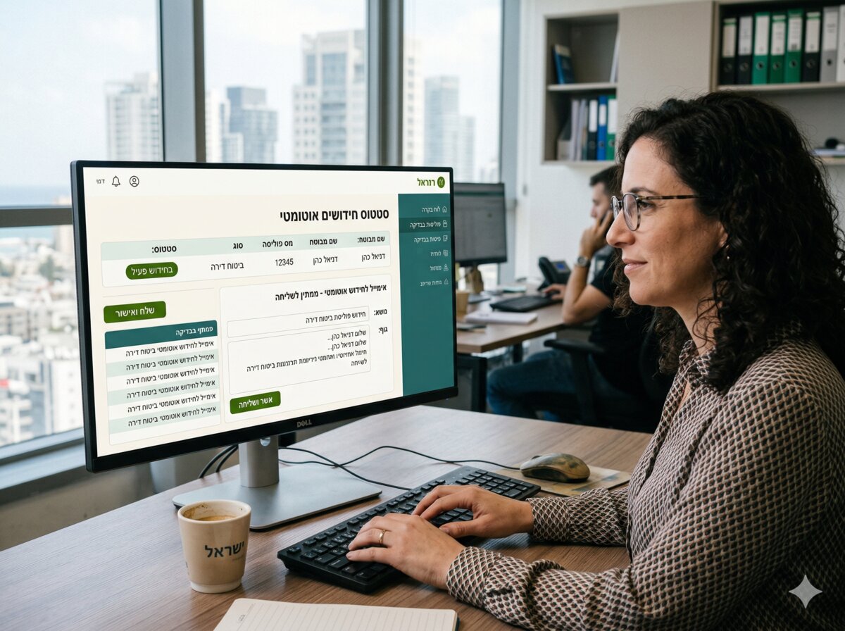 אישה בשולחן עבודה עם לוח בקרה לחידוש פוליסות