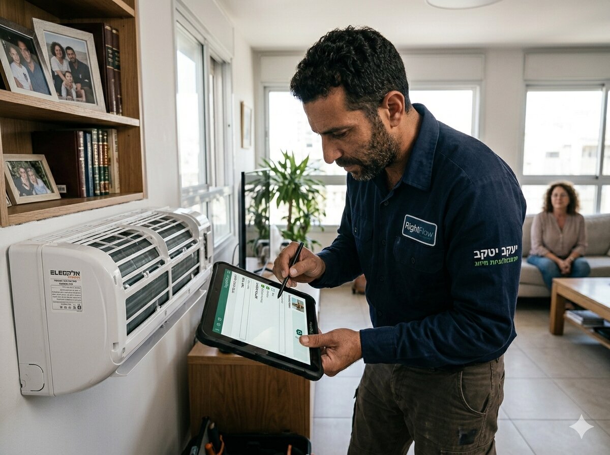 טכנאי HVAC משתמש ב-RightFlow בבית לקוח
